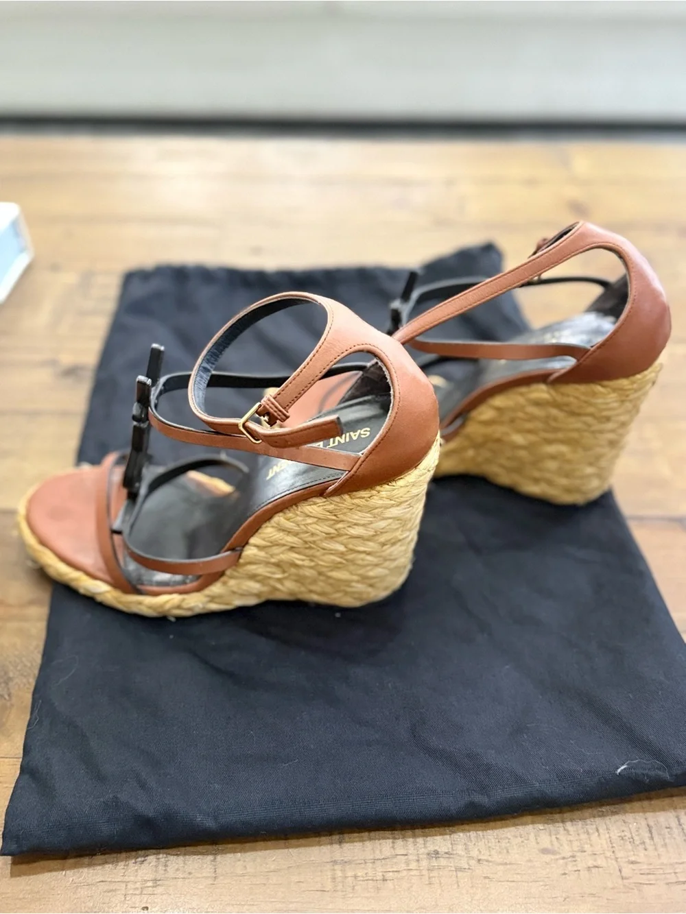 Saint Laurent Cassandra tan leather wedge sandals